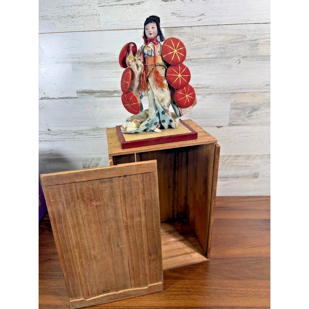 Vintage Japanese Doll Ornate Kimono Temari Balls with Original Wood Case Handmad